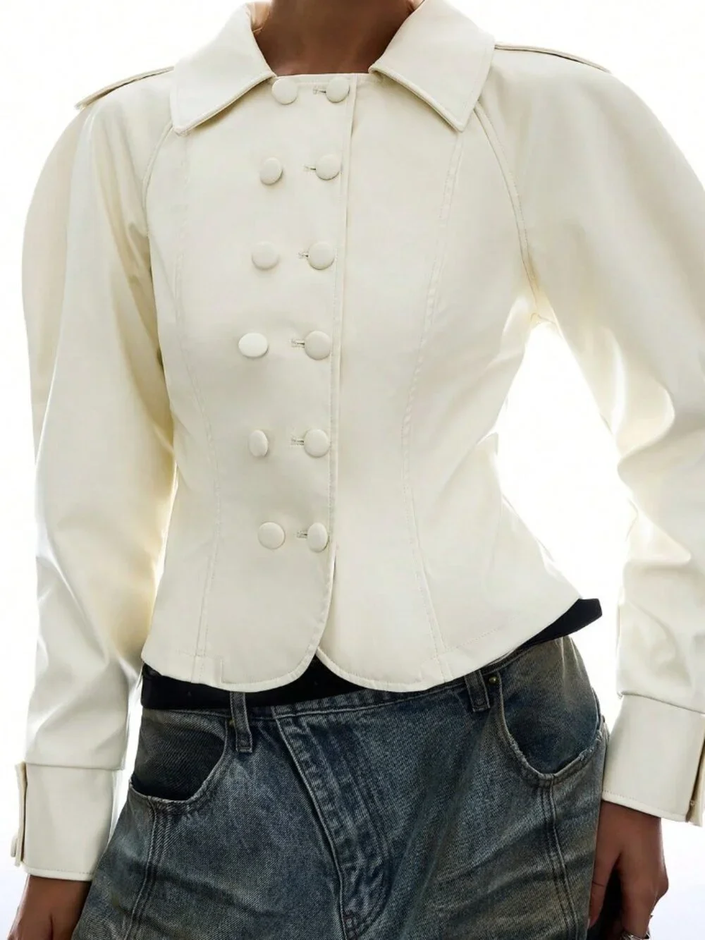 Beige Casual Double-Breasted Puff Long Sleeve Women's Elegant Streetwear Jacket